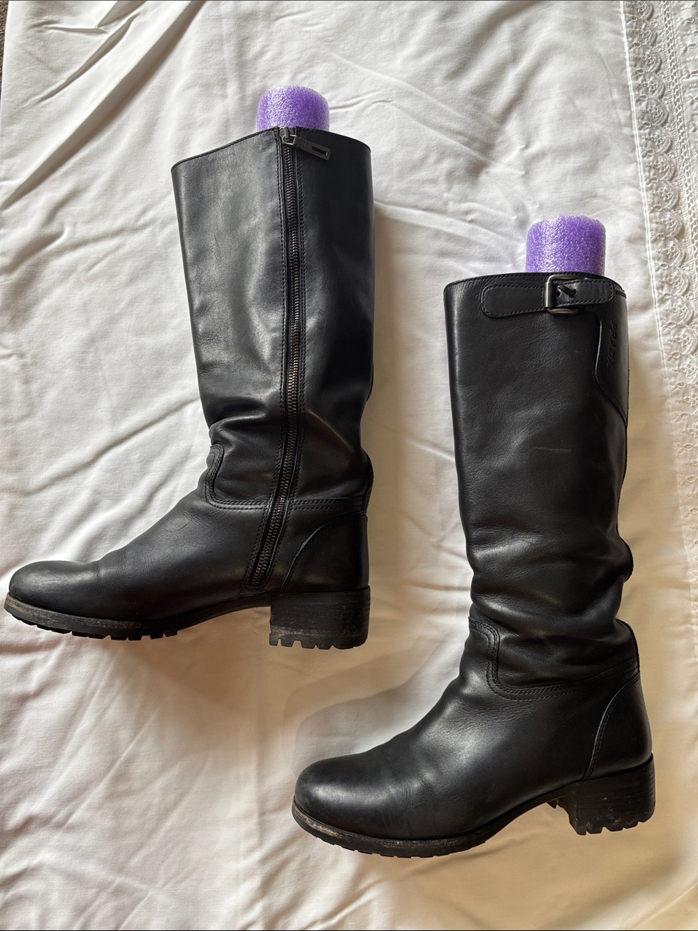 Prada Black Leather Knee-High Heeled Boots with Buckle Detail